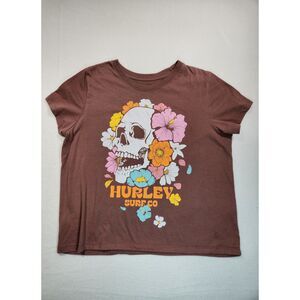 Hurley Surf Co Skull Floral Graphic Tee Women's L Brown Babydoll Cropped Casual